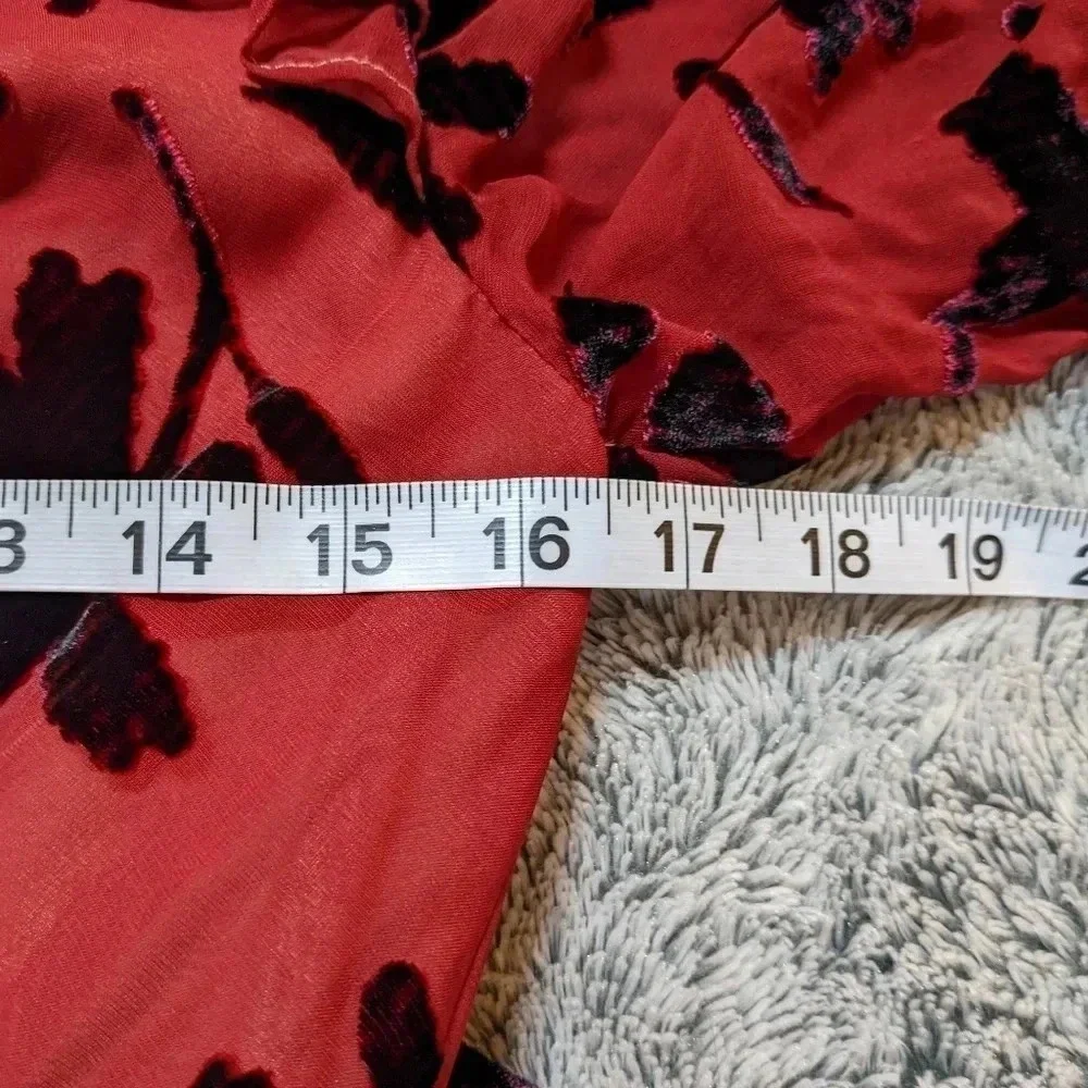 Saloni Red Chiffon V Maxi Dress Black Velvet Flowers Size 2 Edith Devor